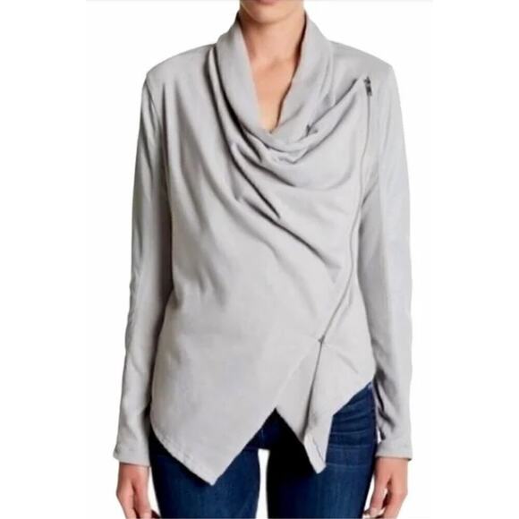 BlankNYC Private Practice Vegan Leather & Cotton Drape Front Moto Jacket Gray, S - Picture 11 of 16
